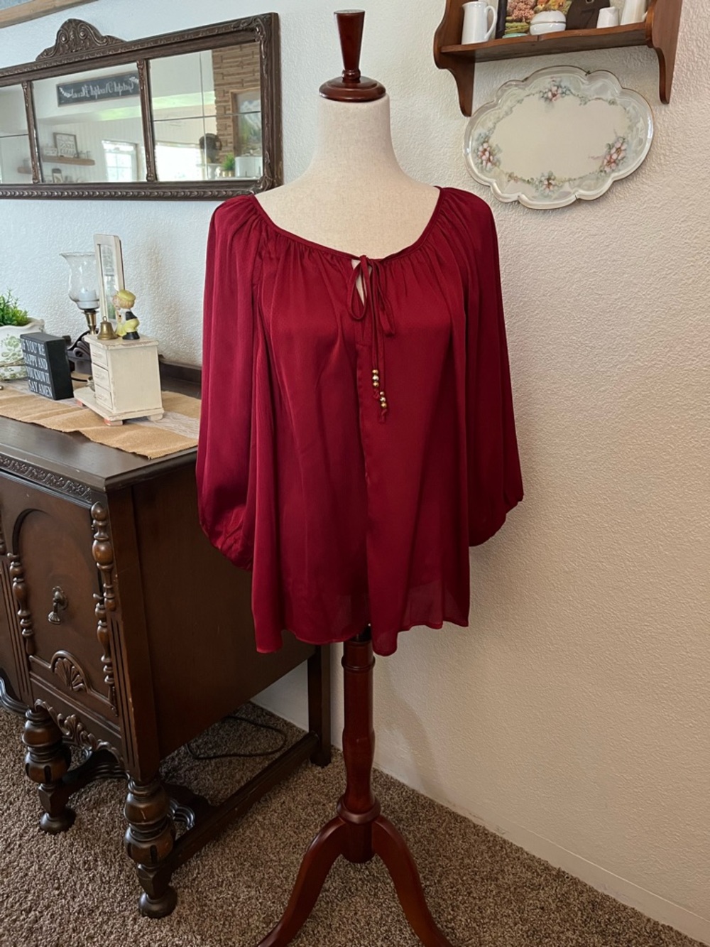 Relaxed Burgundy Peasant Blouse with Tie Neck